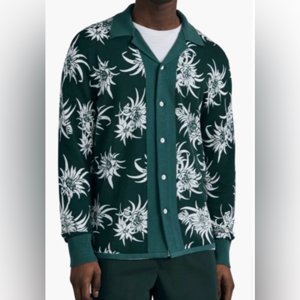 rag & bone Men's Lorne Floral Knit Button-Down Shirt Sweater, Green (XL)